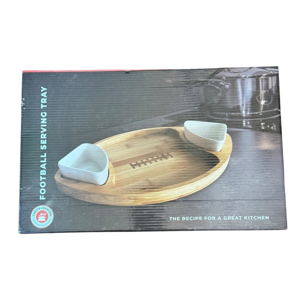 Chef's Counter Football Bamboo Serving Tray with Removable Ceramic Inserts NIB‎